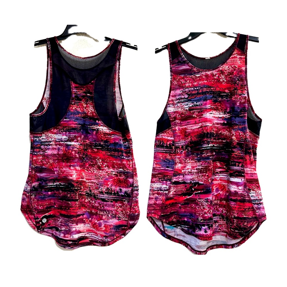 RARE! Lululemon Athletica Sculpt Tank II Dahliascape floral black mesh trim